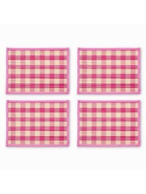 NEW Mackenzie-Childs Pink Woven Check Straw Placemats 14x20 Set of 4